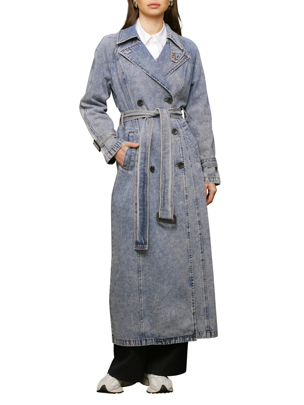 NEW, Avec Les Filles Relaxed Maxi Denim Trench Coat in Vintage Blue Sz M #MD2625